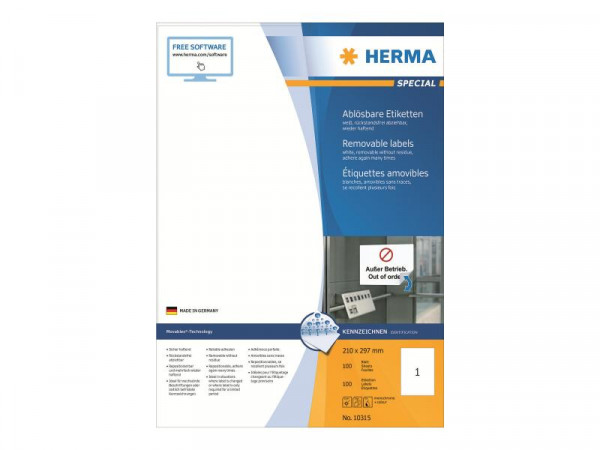 HERMA Etiketten A4 weiß 210x297 mm ablösb. Papier 100 St.