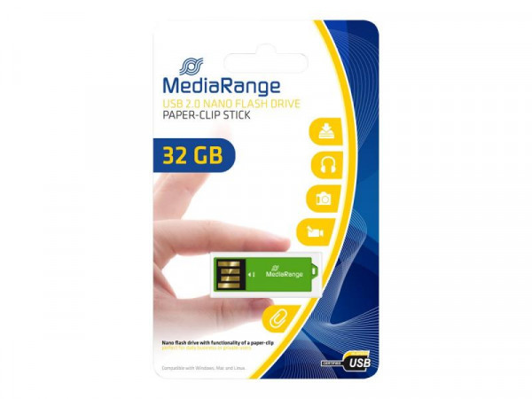 MediaRange USB Nanostick 32GB m. Klammerfunktion grün