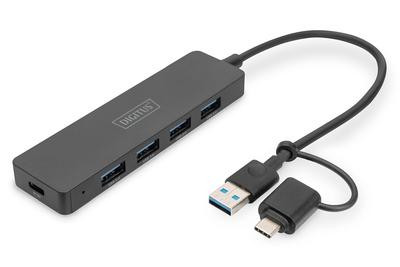 DIGITUS USB 3.0 Hub 4-Port Slim, USB-C Adapter 0,2m Kabel