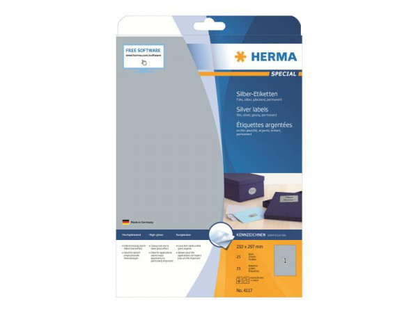 HERMA Etiketten A4 silber 210x297 mm Folie glänz. 25 St.