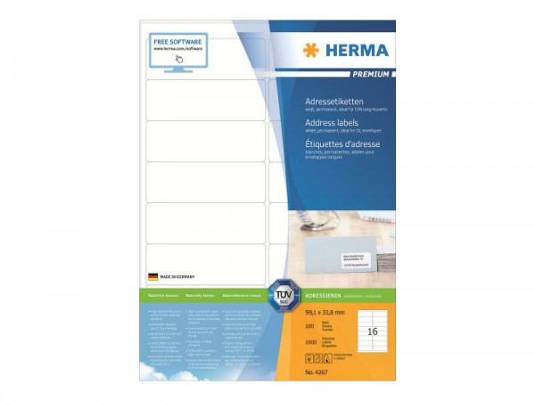 HERMA Adressetiketten A4 weiß 99,1x33,8 mm Papier 1600 St.