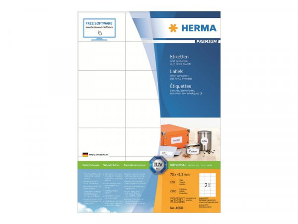 HERMA Etiketten Premium A4 weiß 70x42,3 mm Papier 2100 St.