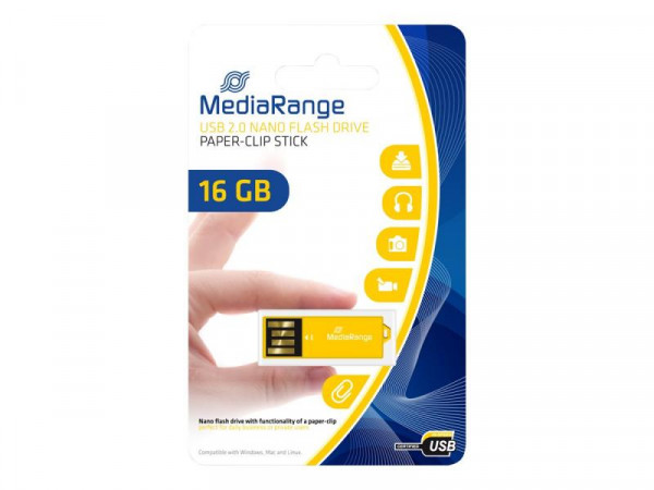 MediaRange USB Nanostick 16GB m. Klammerfunktion gelb