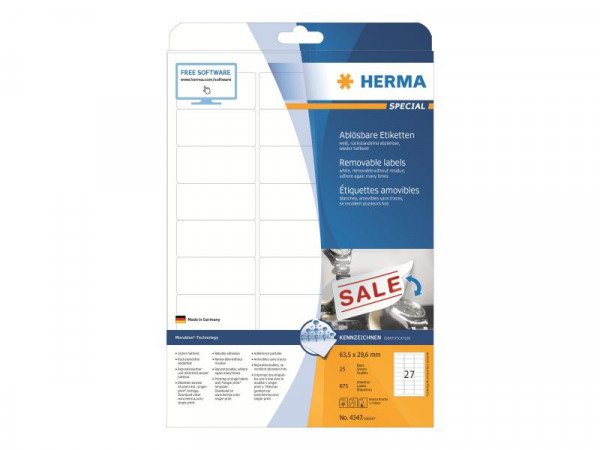 HERMA Etiketten A4 weiß 63,5x29,6 mm ablösbar Papier 675 St.