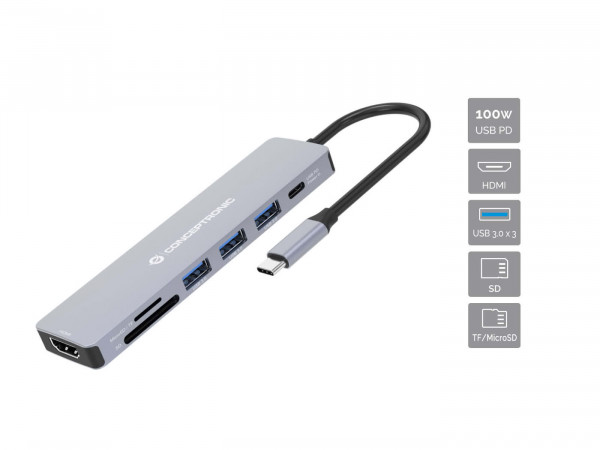 CONCEPTRONIC Dock USB-C->HDMI,USB3.0,100WPD 7-in-1 0.25m