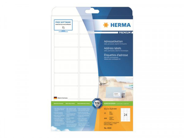 HERMA Adressetiketten Premium A4 weiß 63,5 x 33,9 mm 600St.