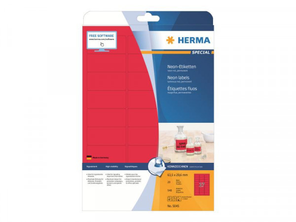 HERMA Etiketten A4 neon-rot 63,5x29,6 mm Papier matt 540 St.