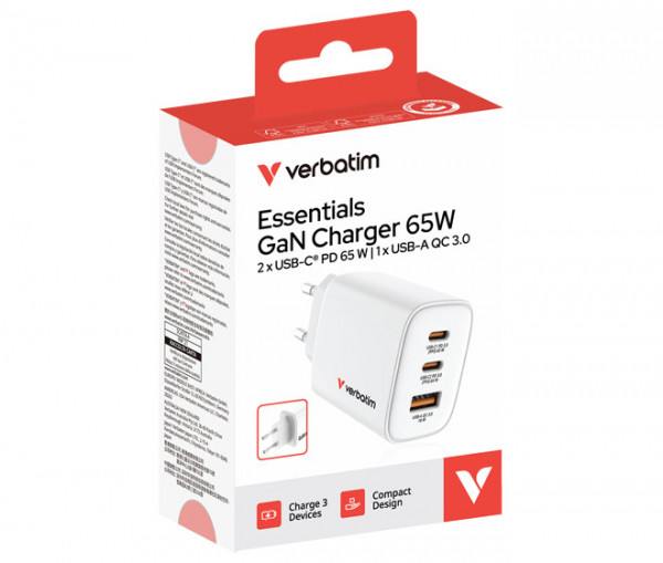 Verbatim GaN III Essentials Charger 3 Port 65W USB-A/C white