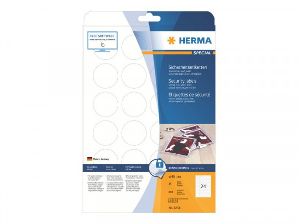 HERMA Sicherheitsetiketten weiß 40 mm rund Folie 600 St.