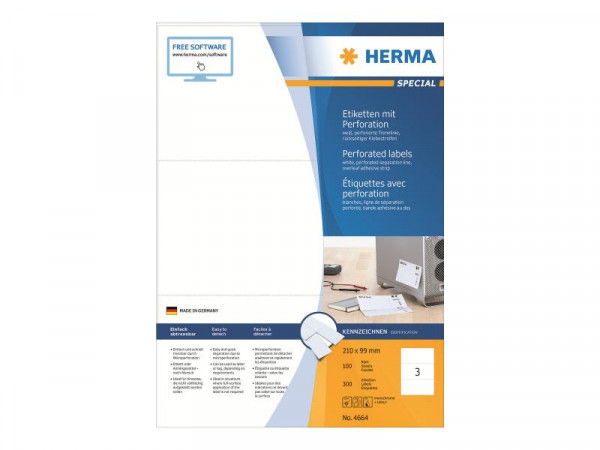 HERMA Etiketten A4 weiß 210x99 mm perforiert Papier 300 St.