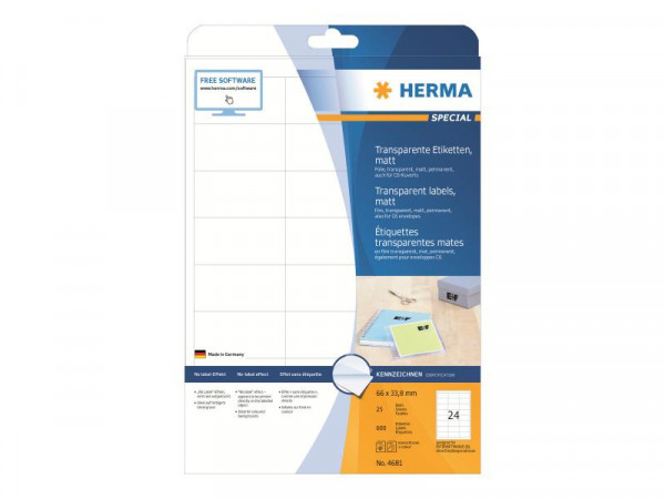 HERMA Etiketten transp. matt A4 66x33,8 mm Folie 600 St.