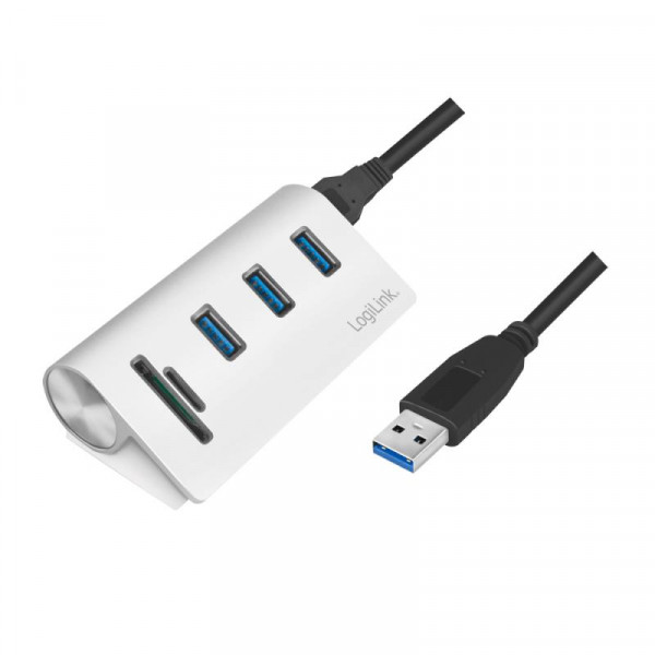 LogiLink USB HUB 3.0, 3-Port, mit Kartenleser, ALU, silber