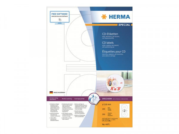 HERMA CD-Etiketten A4 weiß 116 mm Papier opak 200 St.