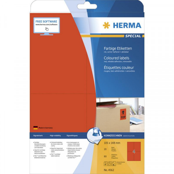 HERMA Etiketten A4 rot 105x148mm Papier matt ablösbar 80St.