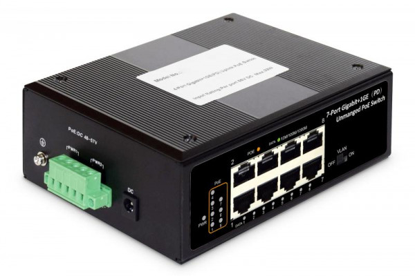 DIGITUS Industrie 7-Port Gigabit PoE+ Switch mit 1xPD-Port