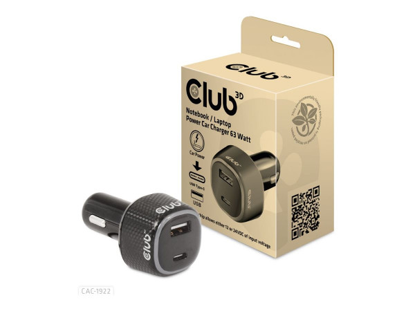 Club3D USB KFZ-Ladegerät 1xUSB C, 1xUSB A, 63W, 12/24V
