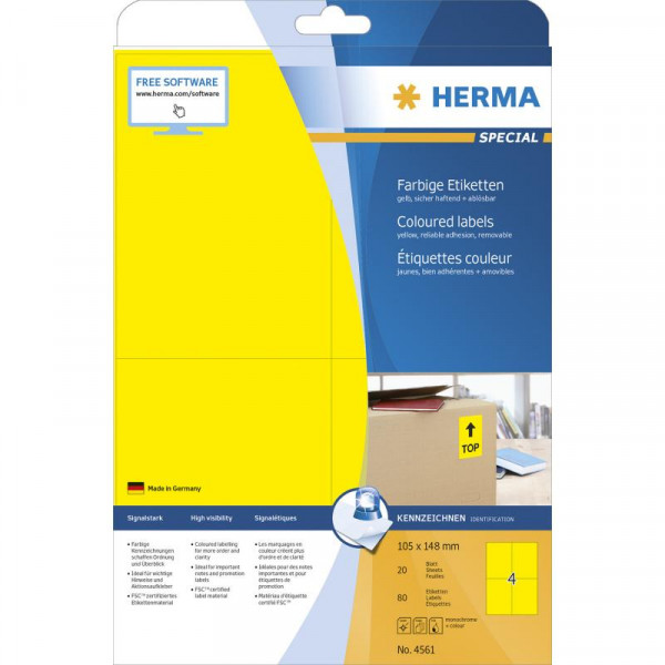 HERMA Etiketten A4 gelb 105x148mm Papier matt ablösbar 80St.
