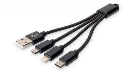 2GO 3-in-1 USB Ladekabel 3 Meter Schwarz – Lädt 3 Geräte Gleichzeitig, Nylon-Ummantelung