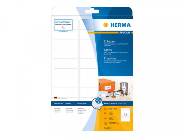 HERMA Inkjet-Etiketten A4 weiß 63,5x25,4 mm Papier 825 St.