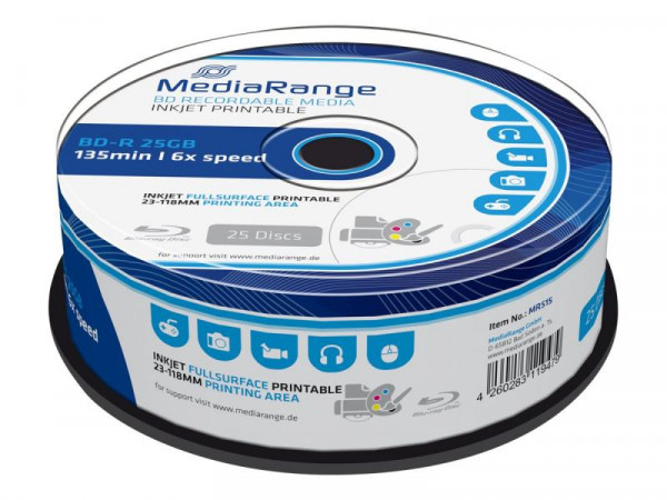MediaRange BD-R 25GB 6x voll bedruckbar 25pcs Cakebox