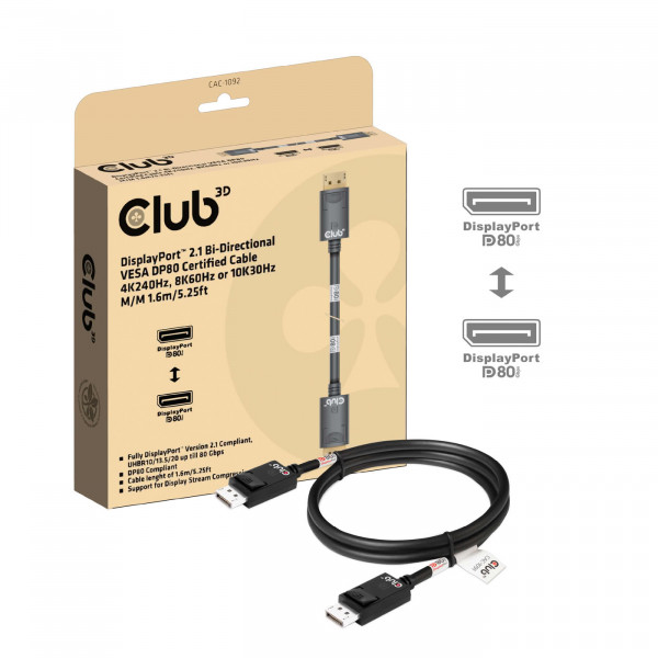 Club3D DisplayPort-Kabel 2.1 DP80 1,6m 10K/8K/4K