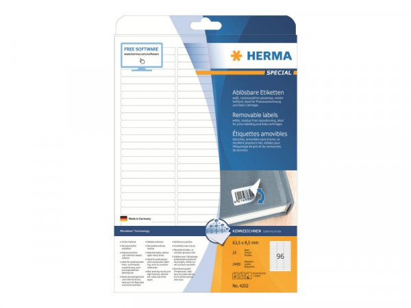 HERMA Etiketten A4 weiß 63,5x8,5 mm ablösb. Papier 2400 St.