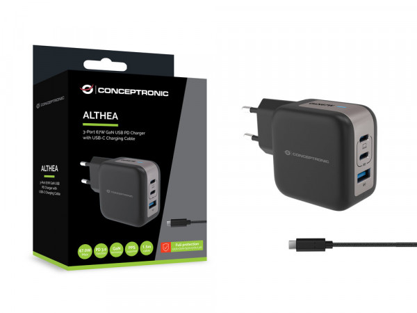 CONCEPTRONIC Ladegerät 3Port 67W,2xUSB-C,1xUSB-A 1.5m sw