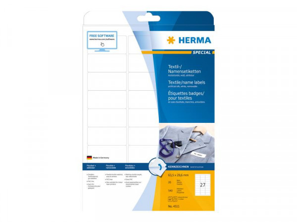 HERMA Textil/Namensetiketten A4 63,5x29,6mm weiß 540St.