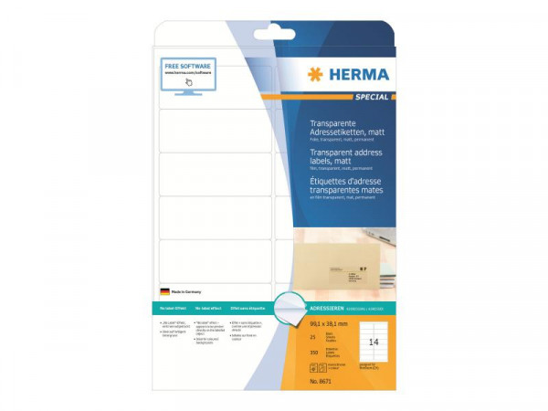 HERMA Etiketten transp. matt A4 99,1x38,1 mm Folie 350 St.