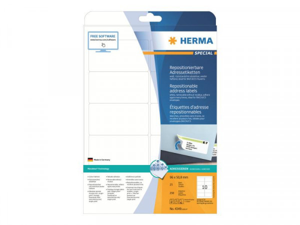 HERMA Adressetiketten A4 weiß 96x50,8 mm Papier 250 St.