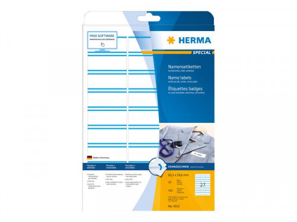 HERMA Textil/Namensetiketten A4 63,5x29,6mm weiß/blau 540St.
