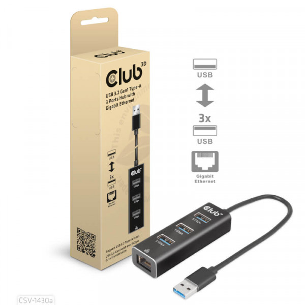 Club3D Adapter USB 3.2 Typ A > 3x USB 3.2 Typ A/LAN retail