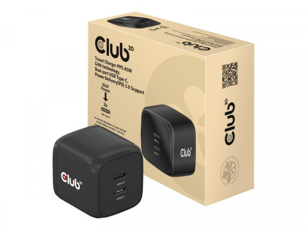 Club3D Reiseladegerät 2xUSB Typ C, PD 45W retail