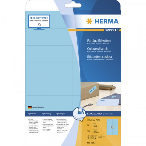 HERMA Etiketten A4 blau 105x37mm Papier matt ablösbar 320St.
