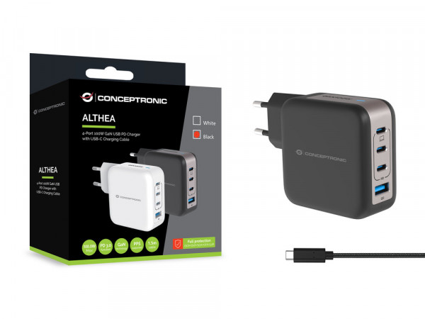CONCEPTRONIC Ladegerät 4Port 100W,3xUSB-C,1xUSB-A 1.5m sw