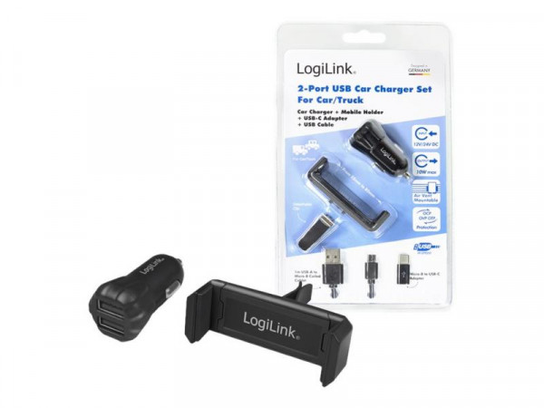 Logilink USB Kfz Ladegerät + Smartphone Halterung im Set