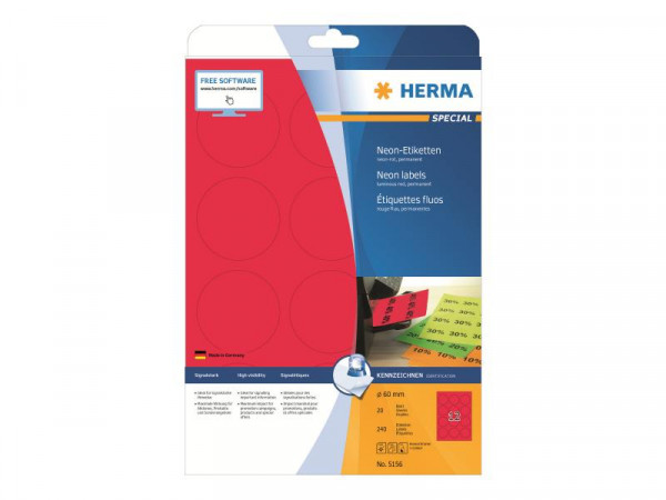 HERMA Etiketten A4 neon-rot 60 mm rund Papier matt 240 St.