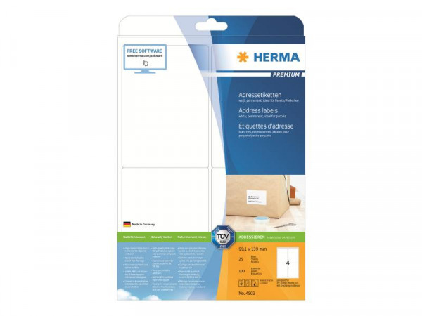 HERMA Adressetiketten Premium A4 weiß 99,1 x 139,0 mm 100St.