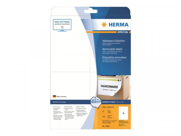 HERMA Etiketten A4 weiß 105x148 mm ablösbar Papier 100 St.