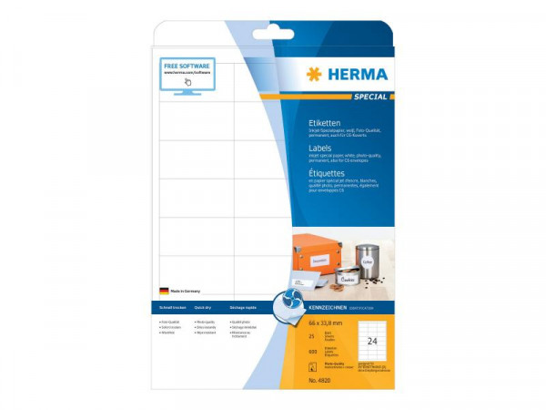 HERMA Inkjet-Etiketten A4 weiß 66x33,8 mm Papier 600 St.