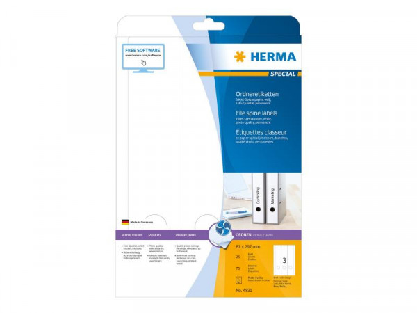 HERMA Inkjet Ordneretik. A4 weiß 61x297 mm Papier 75 St.
