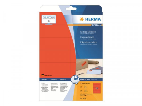 HERMA Etiketten A4 rot 105x42,3 mm Papier matt 280 St.