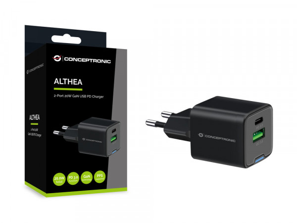 CONCEPTRONIC Ladegerät 2Port 20W,1xUSB-C,1xUSB-A 1.5m sw