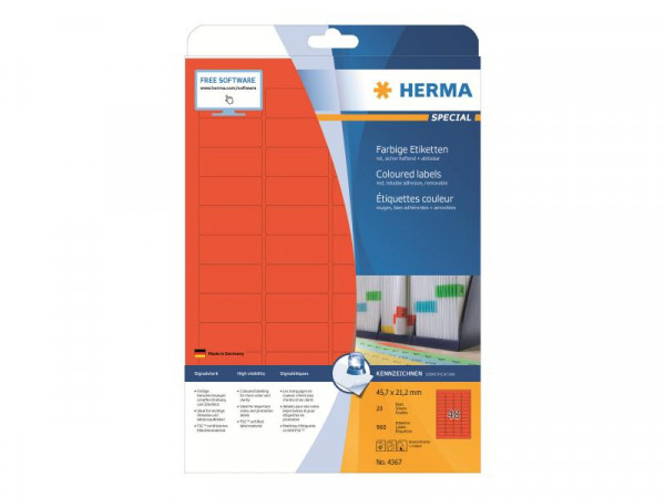 HERMA Etiketten A4 rot 45,7x21,2 mm Papier matt 960 St.