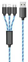 2GO 3in1 USB LED Kabel blau Micro-USB,Lightning,USB-C 1,5m