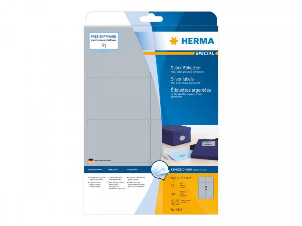 HERMA Etiketten A4 silber 99,1x67,7 mm Folie glänz. 200 St.