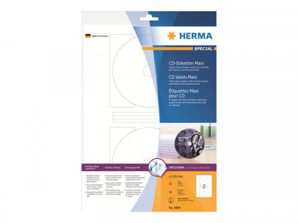 HERMA Inkjet CD-Etik. Maxi A4 weiß 116 mm glänz. 20 St.