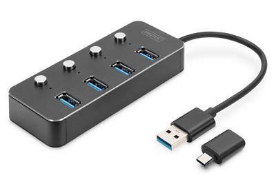 DIGITUS USB-C-Hub 4-Port 3.0->4xA3.0 1xC intgr.Kabel schw